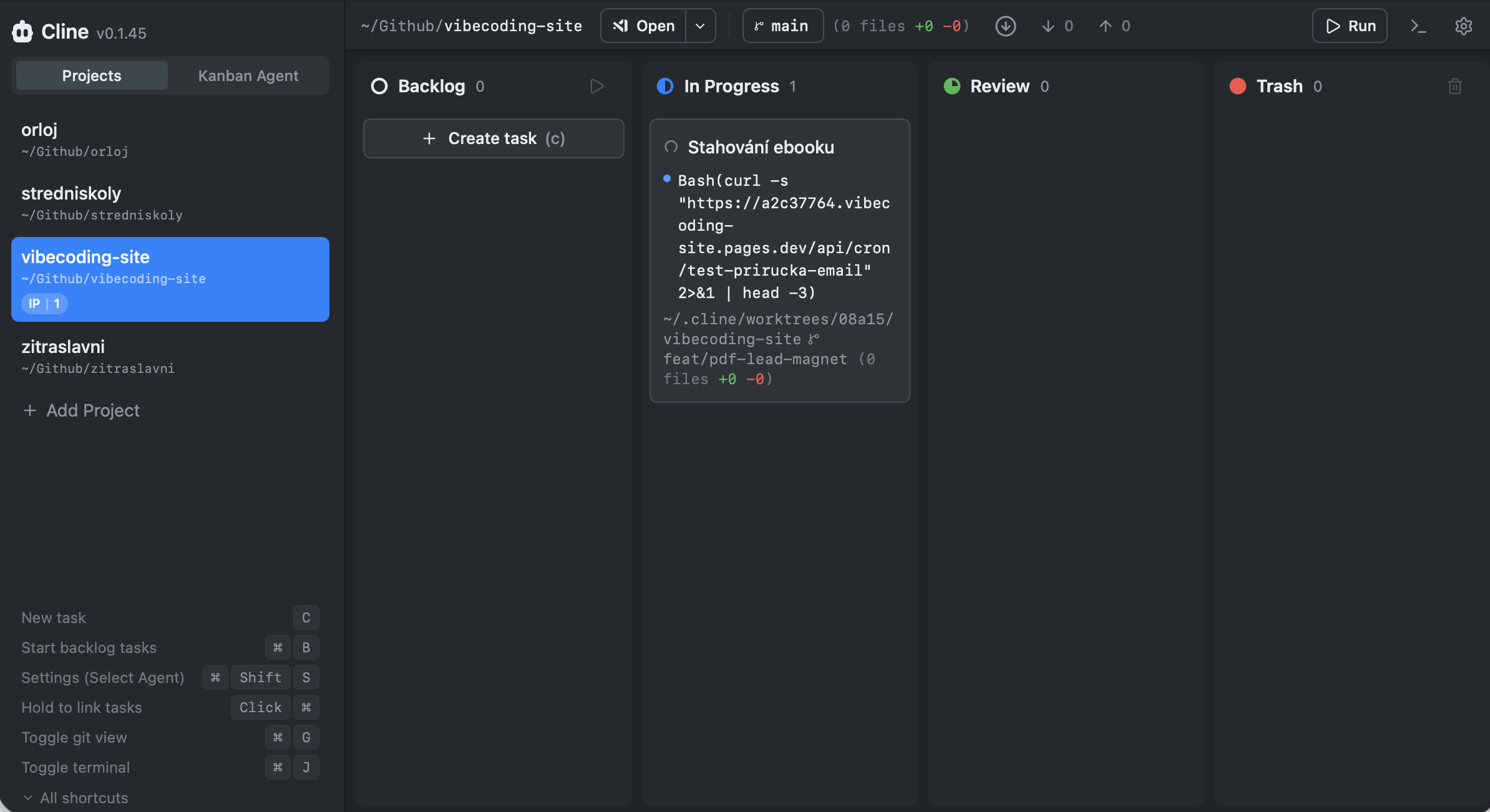 Cline Kanban tabule se závislostmi a řetězením úkolů pro paralelní AI agenty